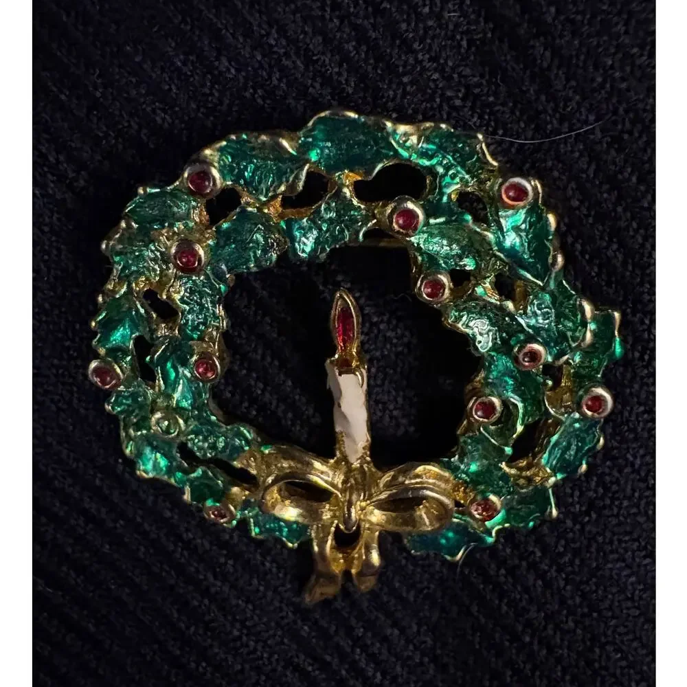 Vintage Christmas Wreath Pin Candle Christmas Holiday Brooch